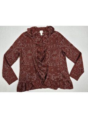 Chicos Size 1 Medium Bronze Burgundy Lace Cardigan Sweater Ruffle Trim